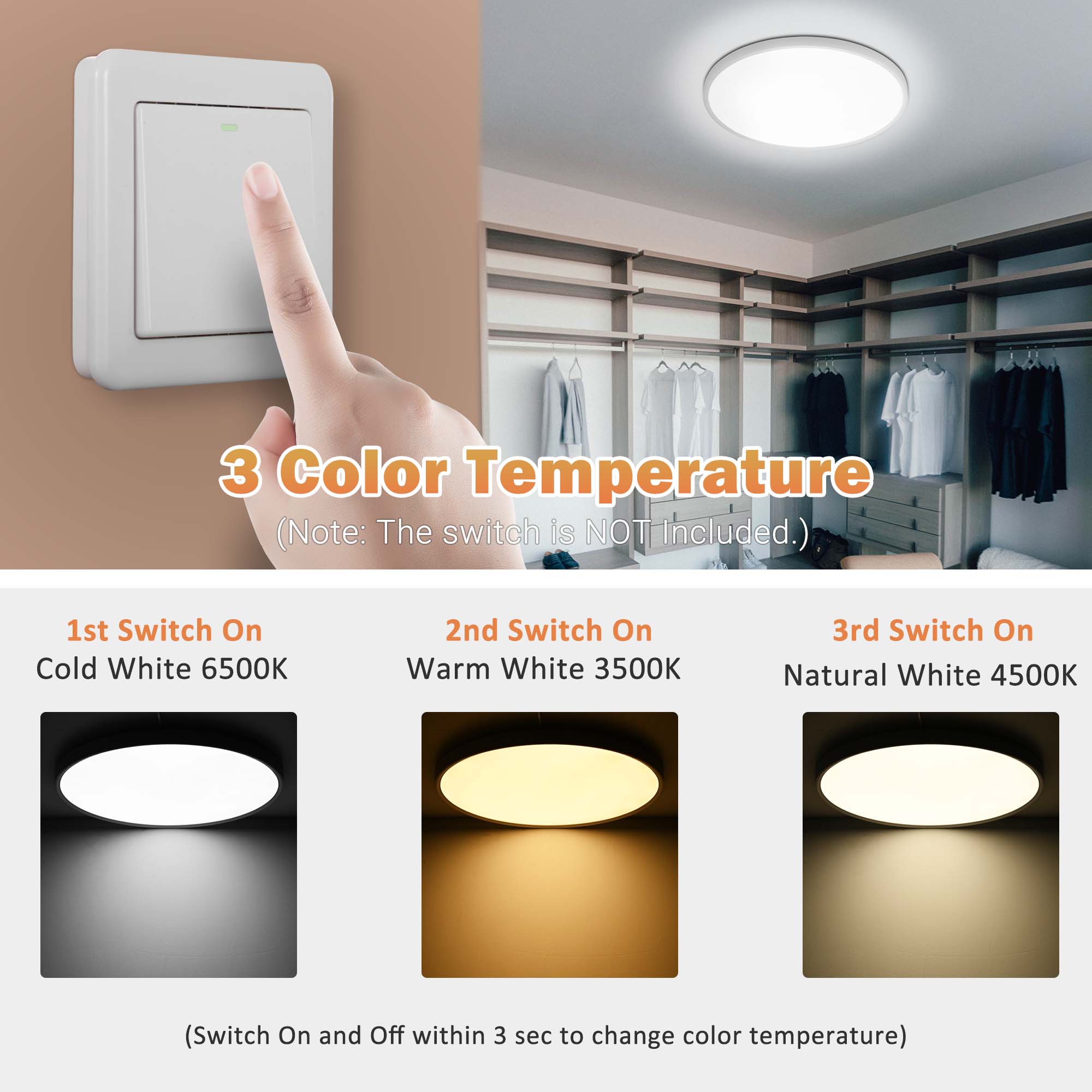 16"/23" Flush Mount Ceiling Light LED 3000K-6500K 3CCT Kitchen Bedroom Fixture - Picture 8 of 10