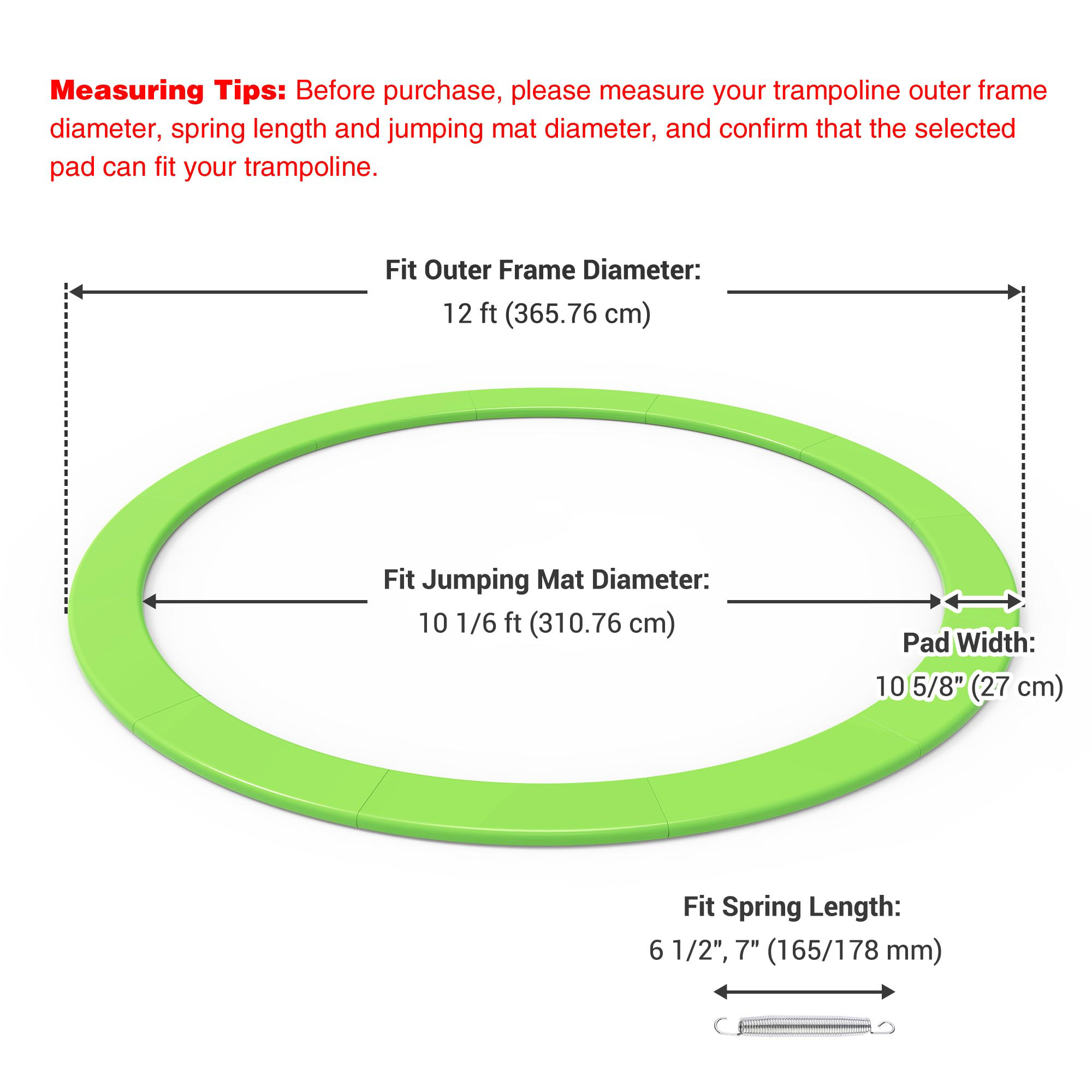 12' 14' 15' Round Trampoline Safety Pad Replacement Frame Spring Green Cover - Picture 7 of 15