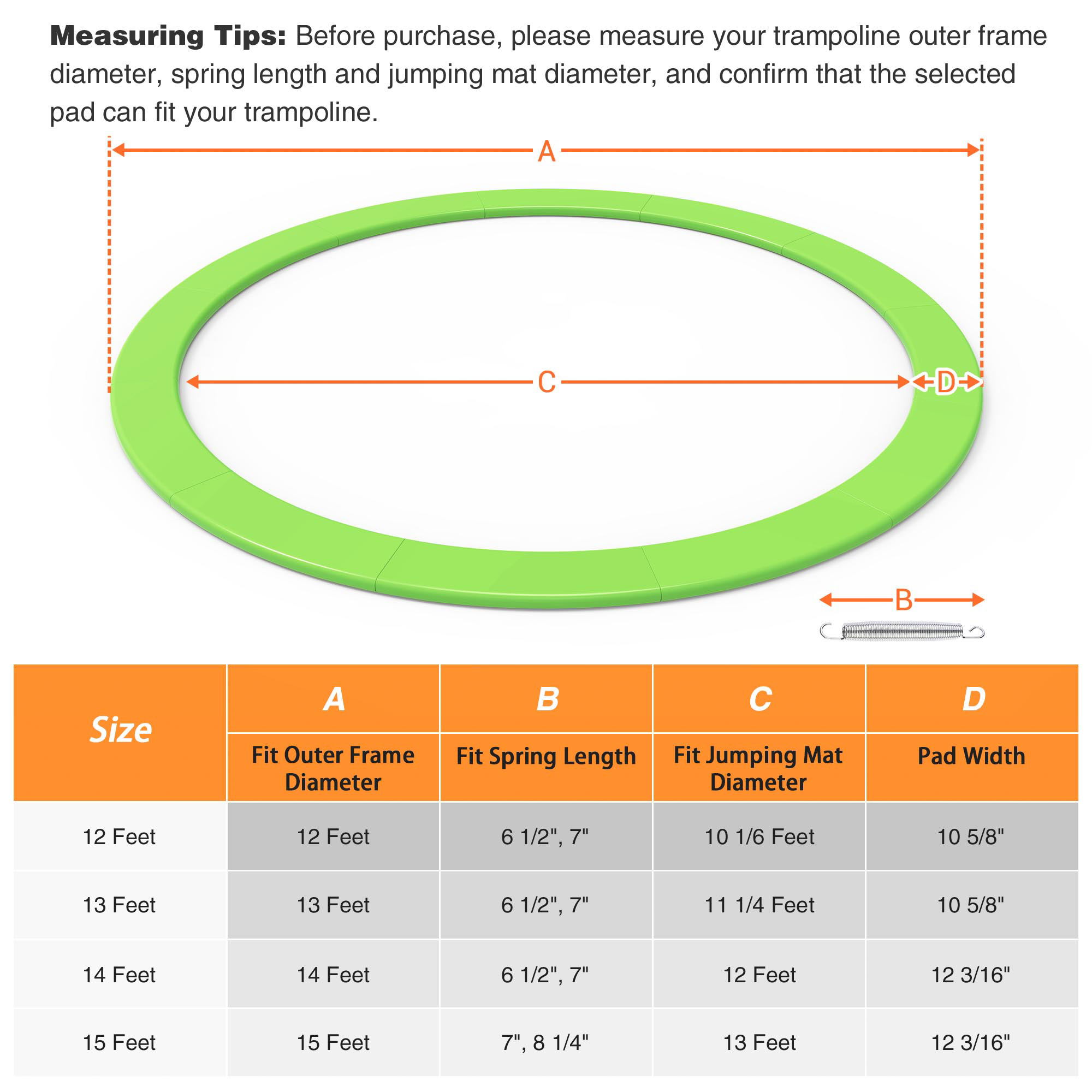 12' 14' 15' Round Trampoline Safety Pad Replacement Frame Spring Green Cover - Picture 8 of 15