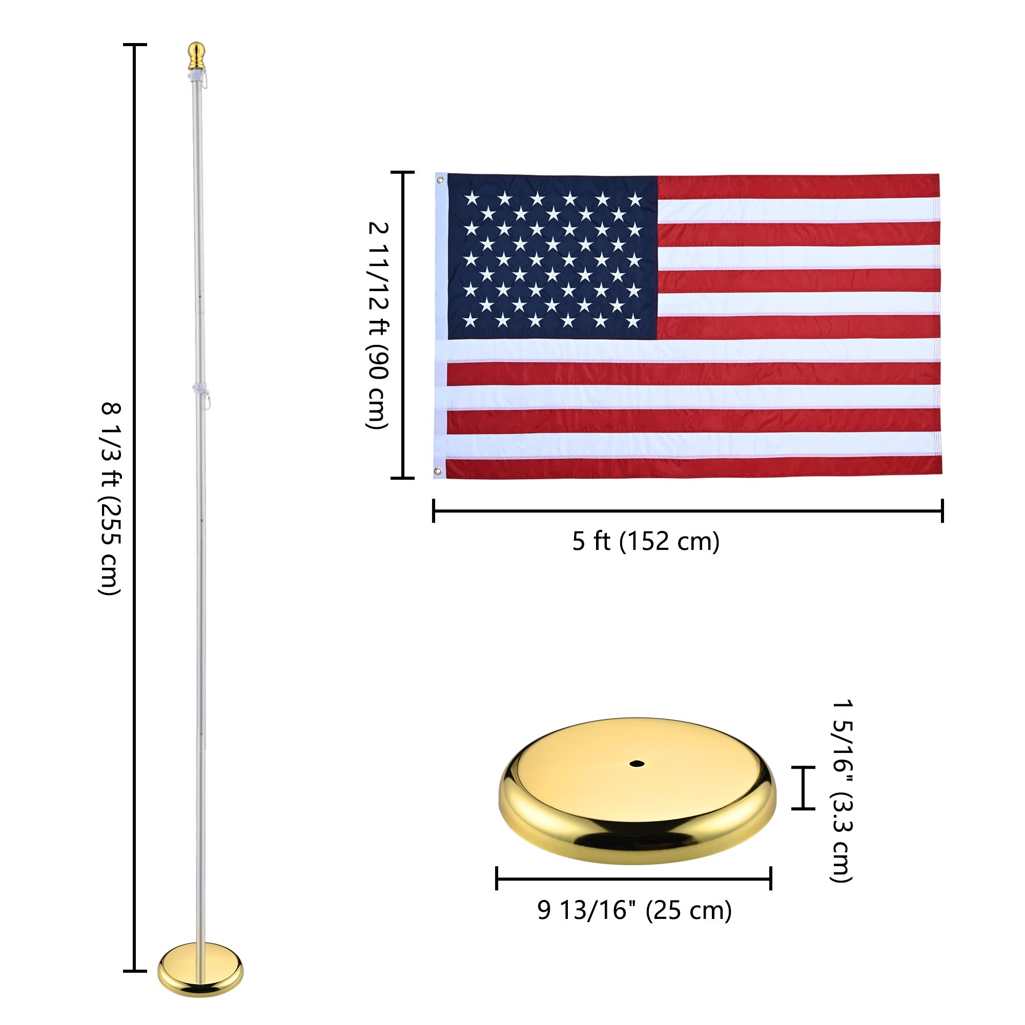 6/8 Fuß Abschnitt Flaggenmast Kit Gold Ball/Adler Topper Basis für 3x5 Fuß US-Flagge - Bild 9 von 10