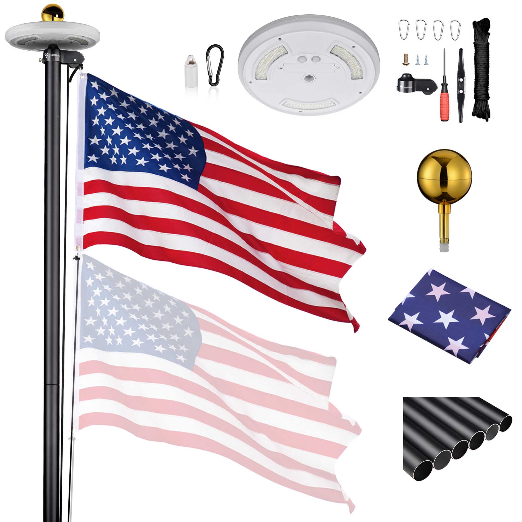Yescom Flag Pole Kit Heavy Duty Aluminum Flagpole US Flag+Ball Top LED Solar - Picture 36 of 55