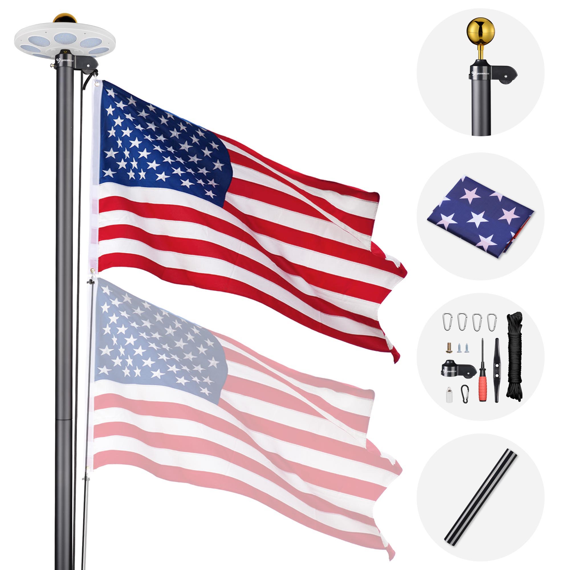 Yescom Flag Pole Kit Heavy Duty Aluminum Flagpole US Flag+Ball Top LED Solar - Picture 41 of 55