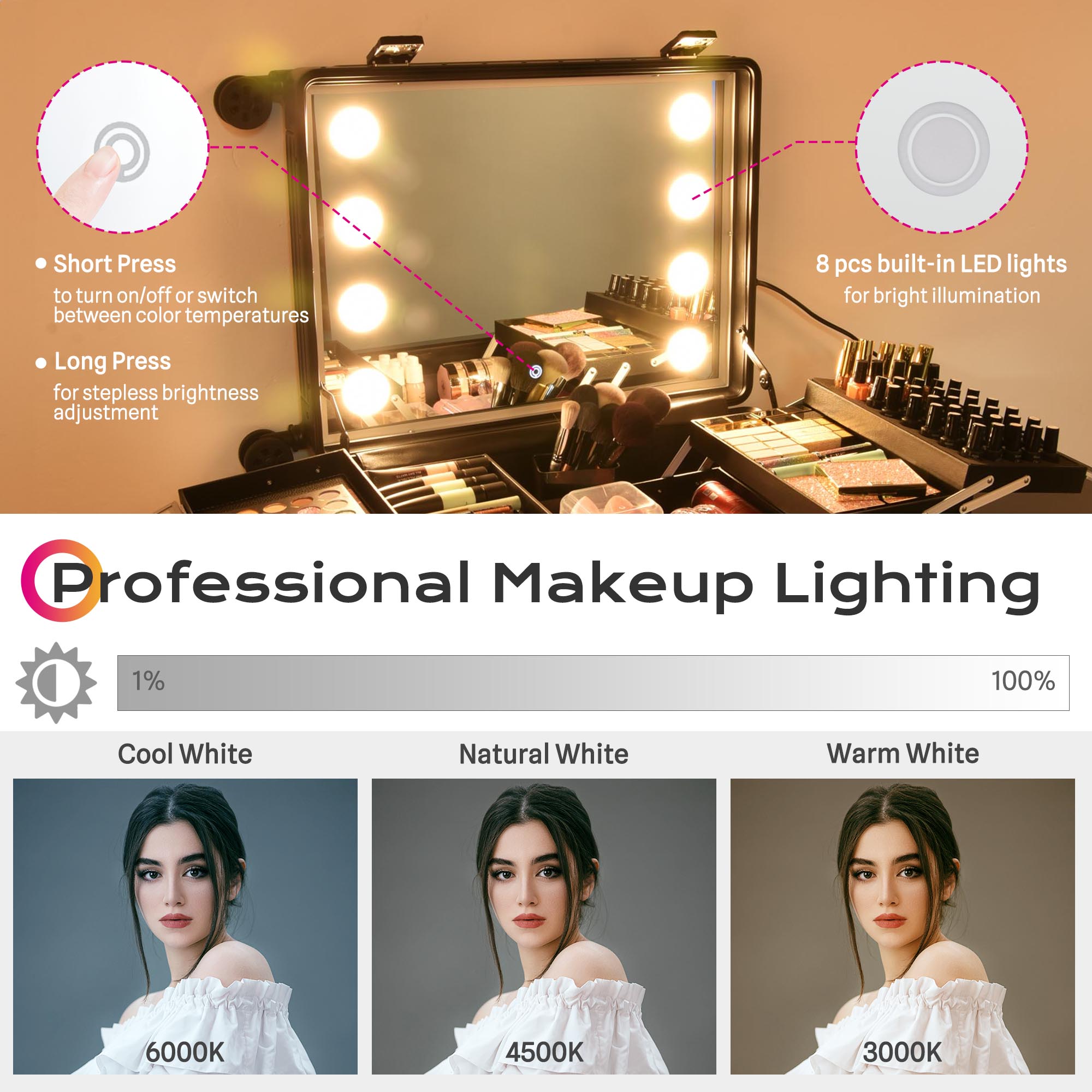 Estuche de Maquillaje con Ruedas Byootique Espejo Iluminado con LED Cosméticos Carro de Viaje - Imagen 13 de 15
