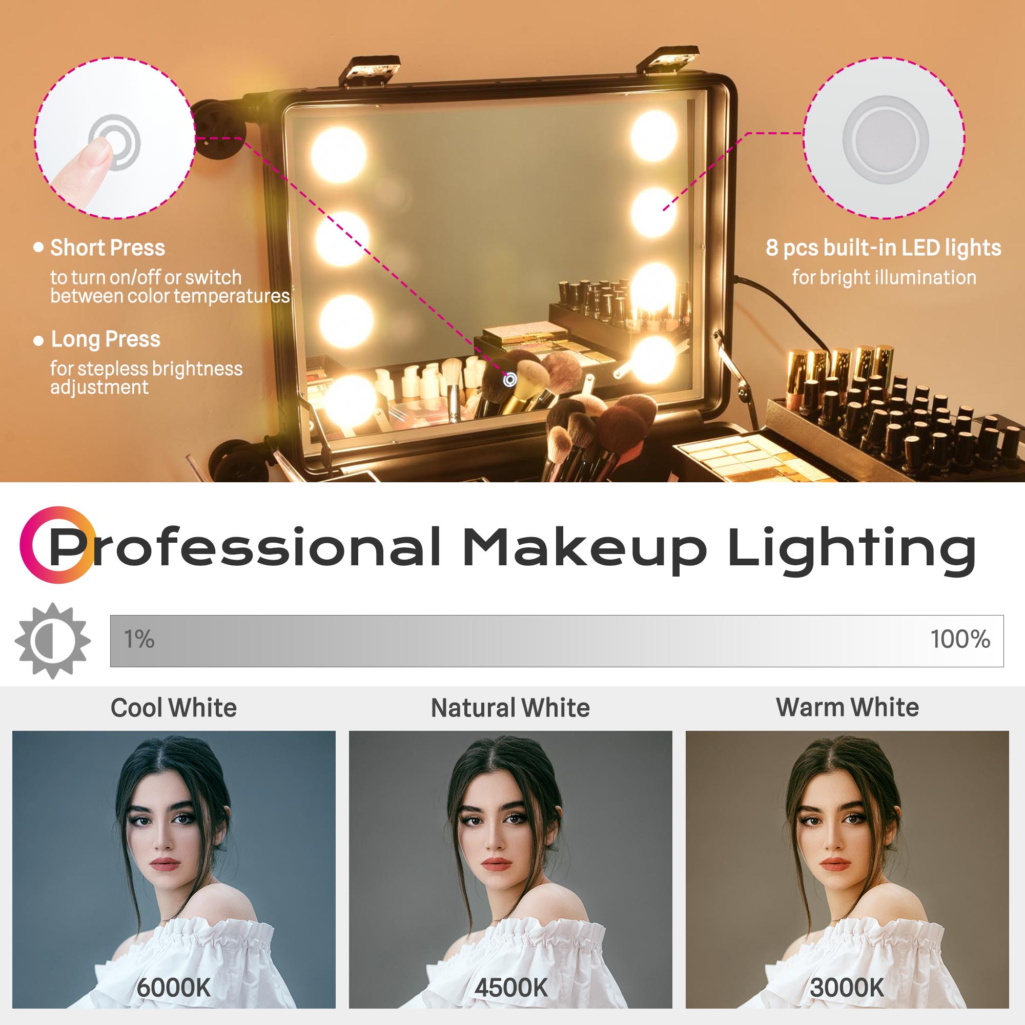 Estuche de Maquillaje con Ruedas Byootique Espejo Iluminado con LED Cosméticos Carro de Viaje - Imagen 8 de 15