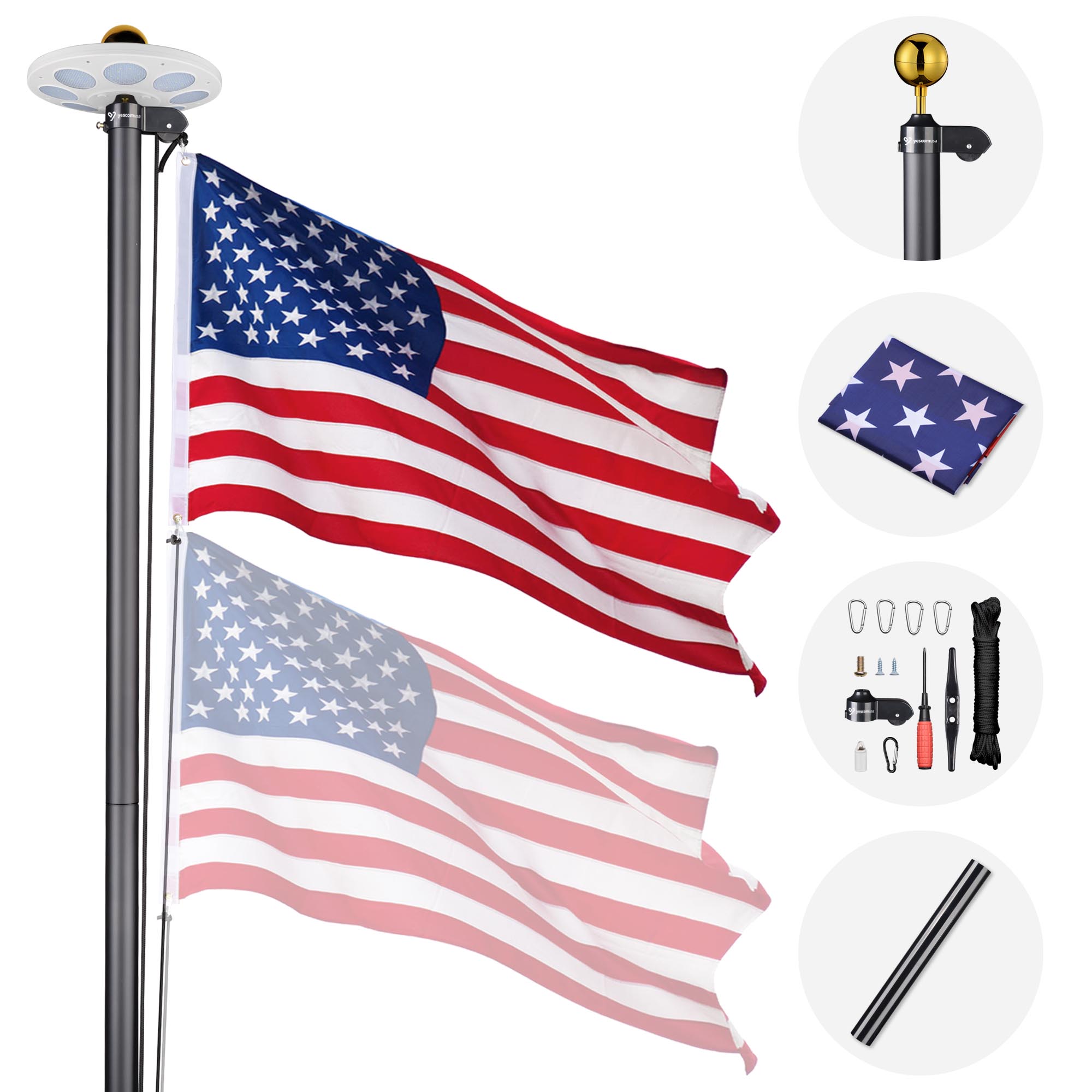Yescom Flag Pole Kit Heavy Duty Aluminum Flagpole US Flag+Ball Top LED Solar - Picture 21 of 55