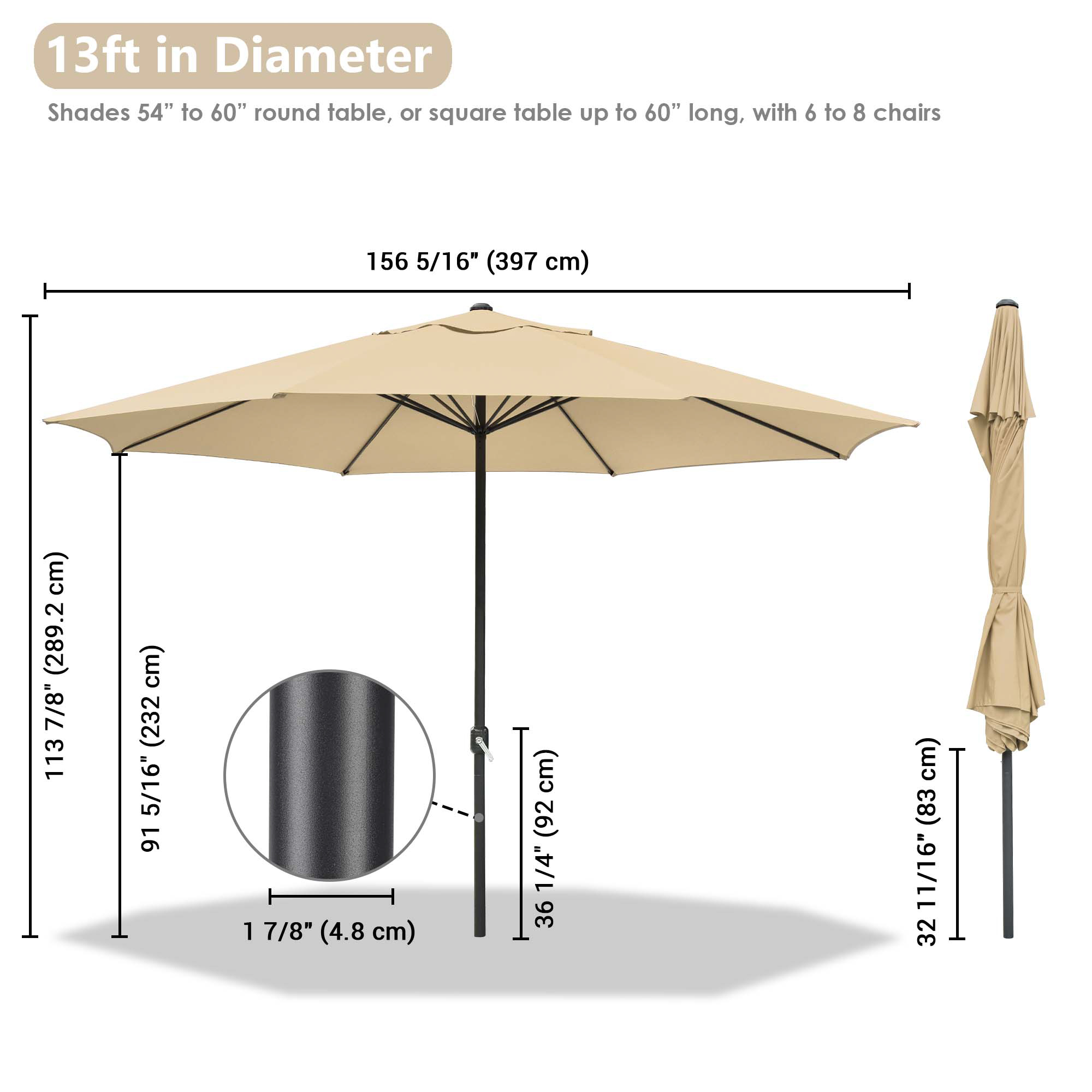 13' FT Sun Shade Patio Aluminum Umbrella UV30+ Outdoor Market Garden Beach Deck - Picture 35 of 35