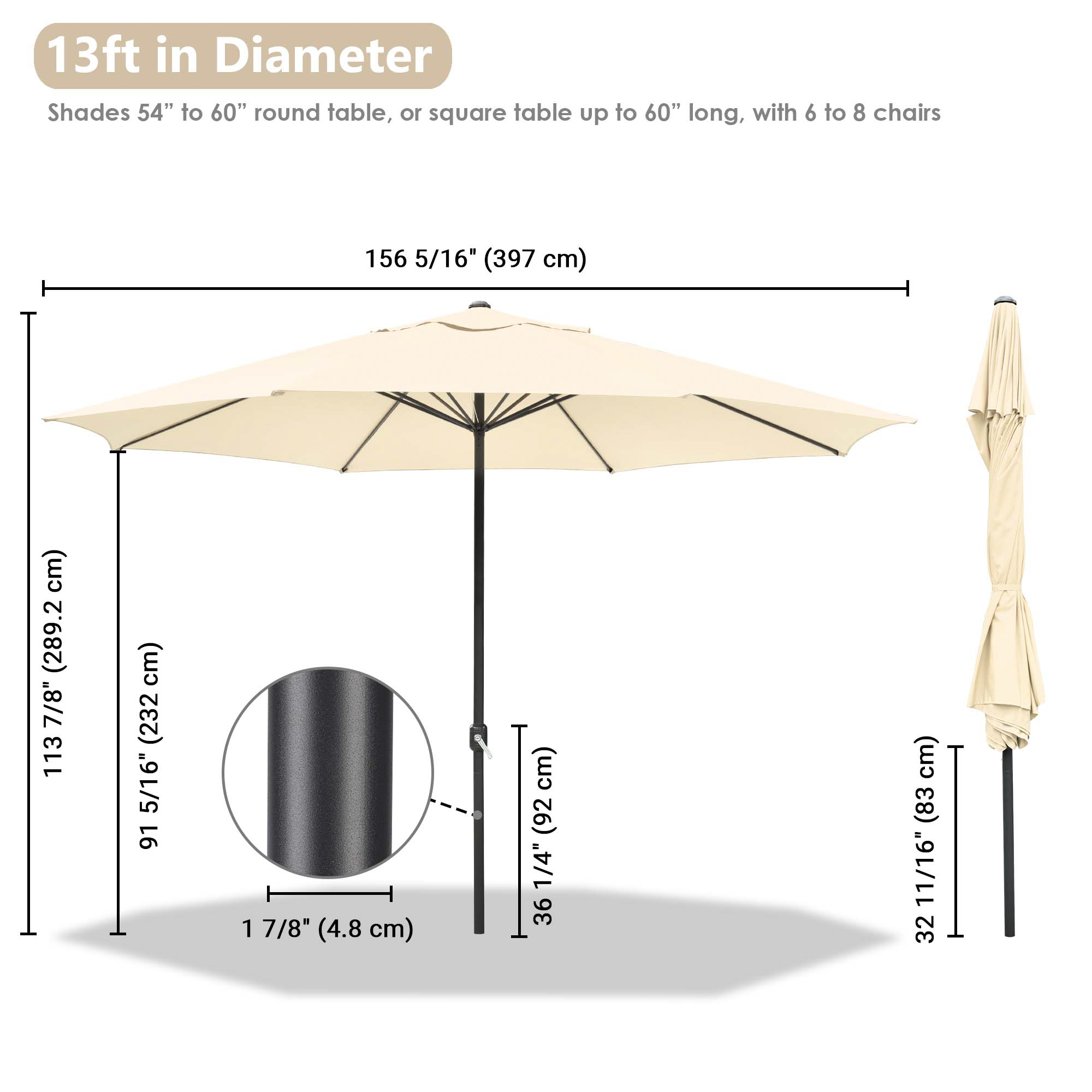 13' FT Sun Shade Patio Aluminum Umbrella UV30+ Outdoor Market Garden Beach Deck - Picture 15 of 35