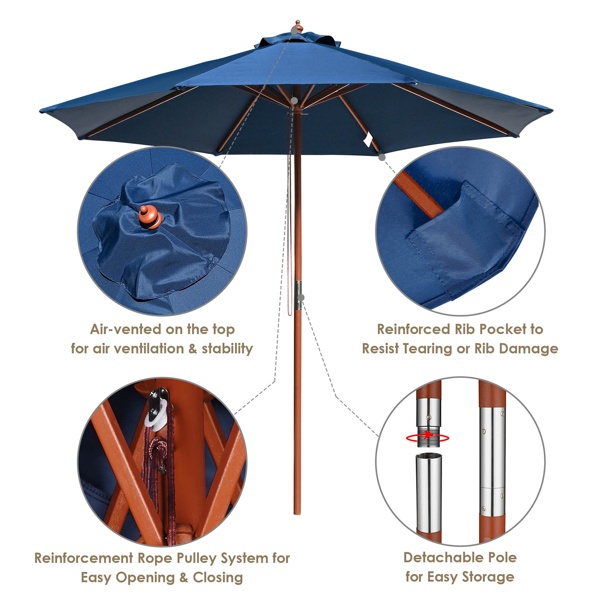 9' 13' Outdoor Patio Wood Umbrella Wooden Pole Market Beach Garden Sun Shade - Picture 52 of 67