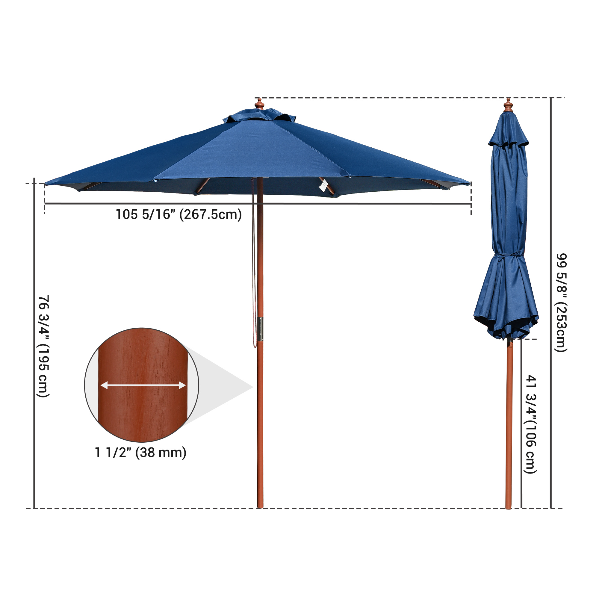 Aplus 9FT Wooden Patio Umbrella UV30+ for Table Market Yard Beach Cafe Navy - Picture 8 of 9