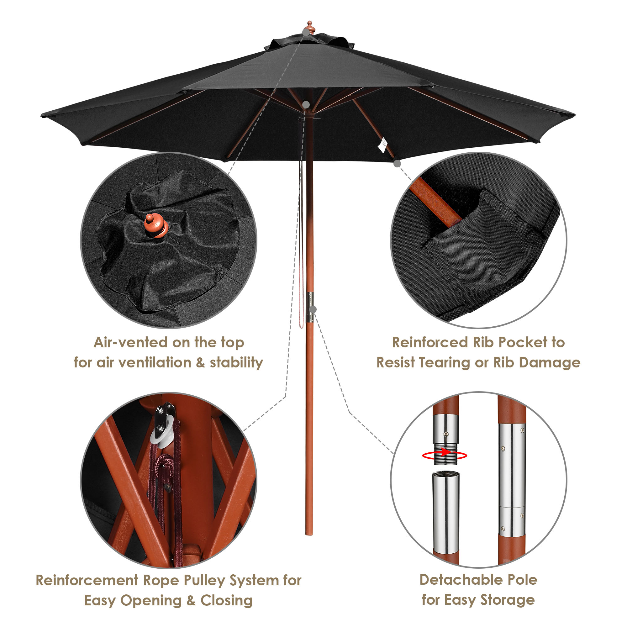 9' 13' Outdoor Patio Wood Umbrella Wooden Pole Market Beach Garden Sun Shade - Picture 37 of 67