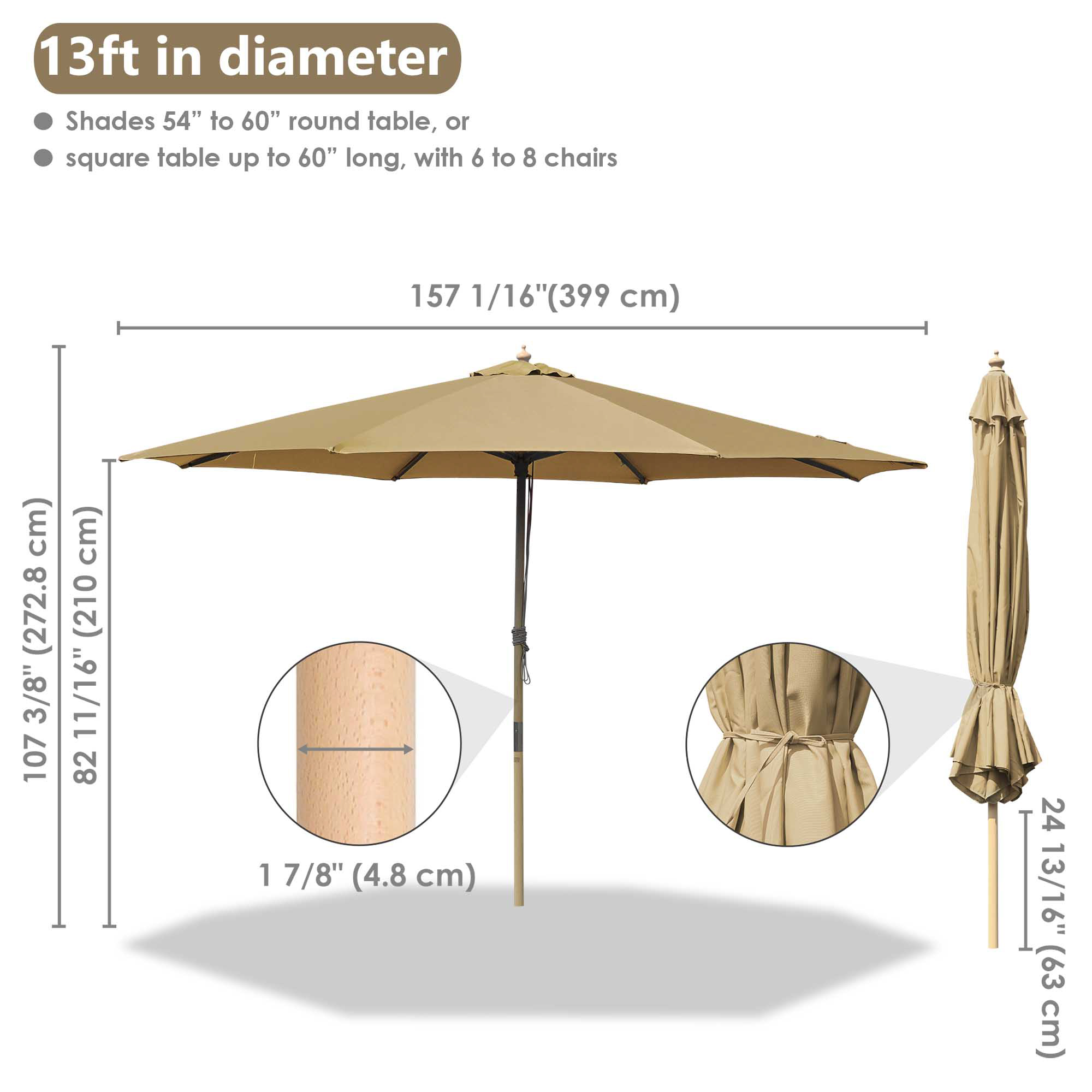 9' 13' Outdoor Patio Wood Umbrella Wooden Pole Market Beach Garden Sun Shade - Picture 27 of 67